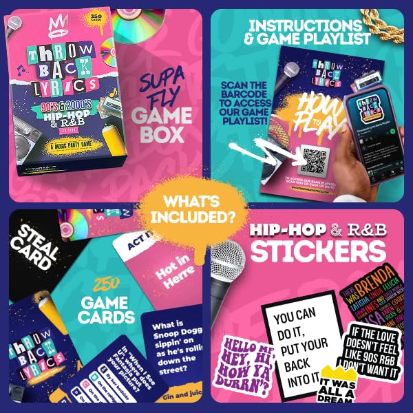Throwback Lyrics - 250 Cards of 90s & 2000s Hip-Hop & R&B Finish The Lyrics & Charades with A Playlist & Stickers - Great for Game Nights, Date Nights, Adult and Family Games