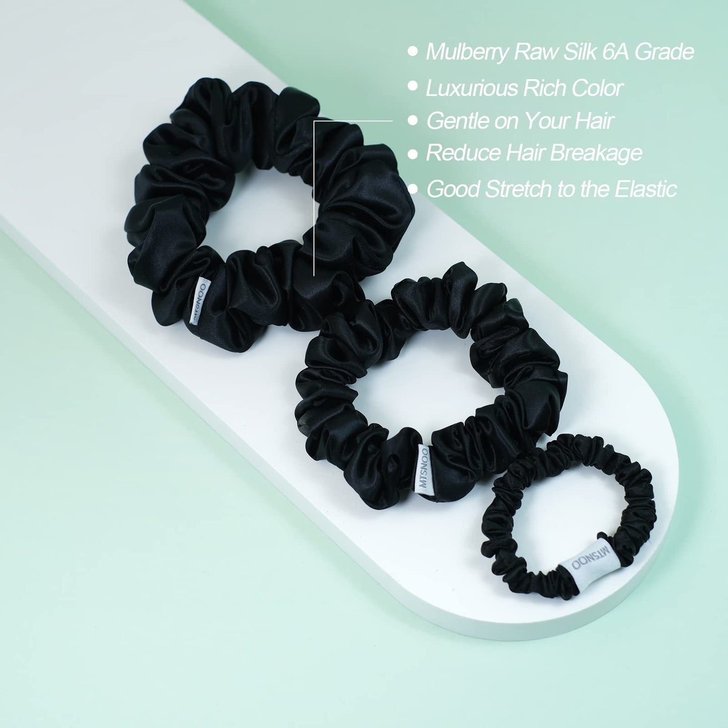 MTSNOO 100% Pure 22 Momme Mulberry Silk Scrunchies Set for Women & Girls - Mini Elastic Hair Ties for Curly Hair, 3 Pack