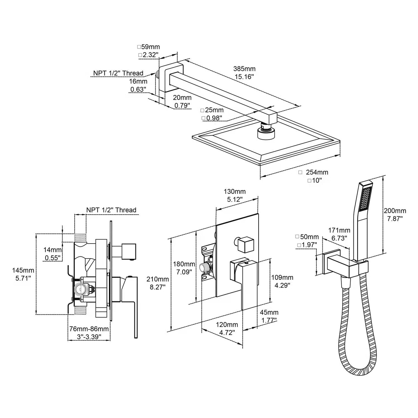 Artiqua Shower System 10 Inches Rain Shower Combo Set Brushed Gold Wall Mount Faucet Bathroom Faucets with Rainfall Shower Head and Hand Shower