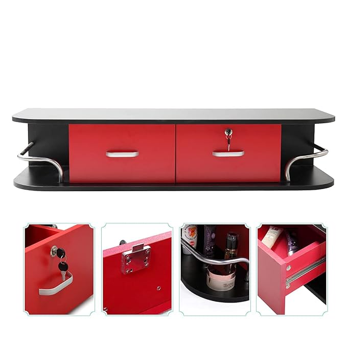 Multifunctional Wall-Mounted Beauty Station Salon Equipment with 2 Drawers, for Beauty Salon or SPA, Barber Shop, Home & Bathroom, Black and Red