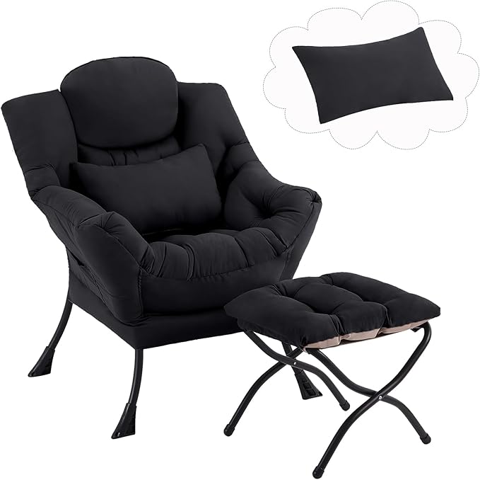 Furlide Lazy Chair with Ottoman, Comfy Fabric Accent Lounge Arm Chair with Lumbar Pillow and Folding Footrest, Reading Leisure Sofa Chair for Bedroom, Living Room, Dorm,Black