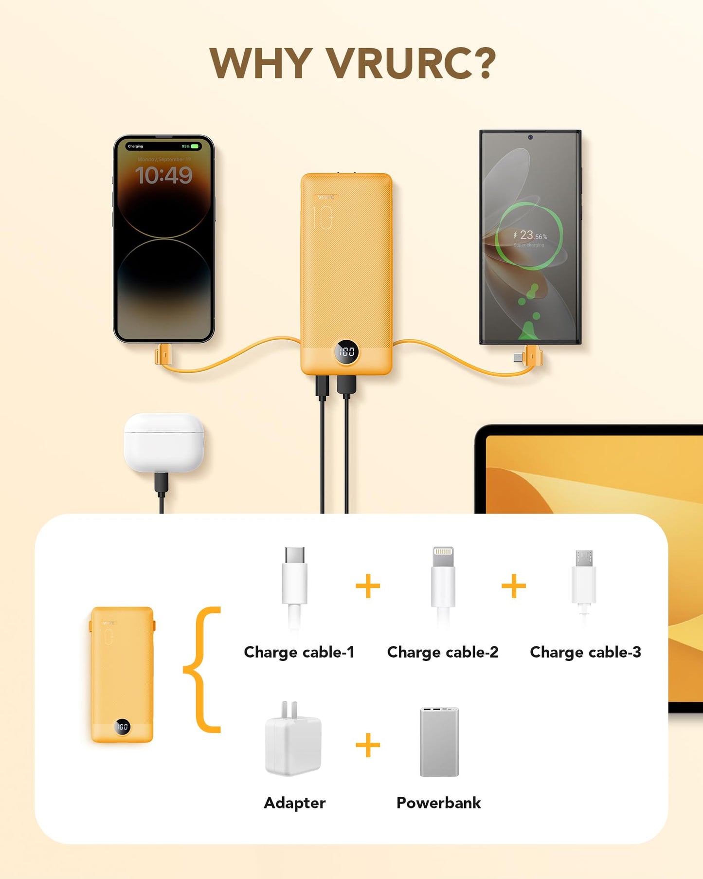 Vrurc Portable Charger Built-In Cables And Ac Wall Plug, Usb C Power Bank 10000Mah, Travel Battery Phone Charger Compact Lightwe