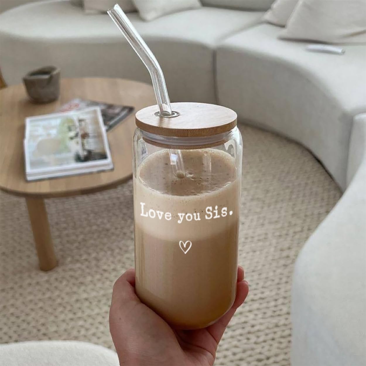 Mikopei Sister Gifts from Sister - Love You Sis Glass Cups with Lids and Straws, Best Big Soul Sisters Birthday Gifts for Women,Cute Iced Coffee Cup, 16 oz