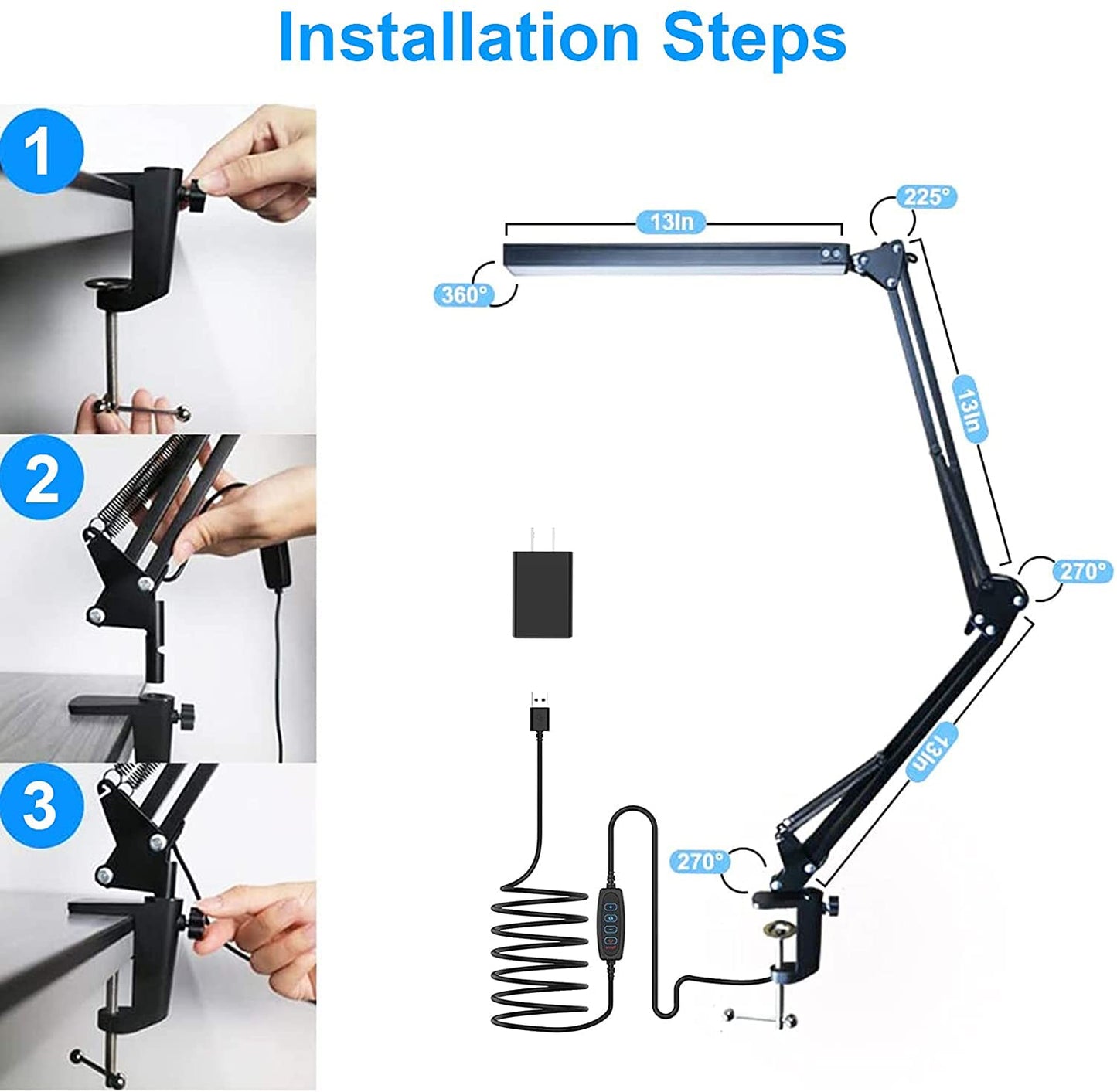 HaFundy LED Desk Lamp for Home,Office,Reading,Adjustable Eye-Caring Desk Light with Clamp,Swing Arm Lamp Includes 3 Color Modes,10 Brightness Levels Table Lamps with Memory Function
