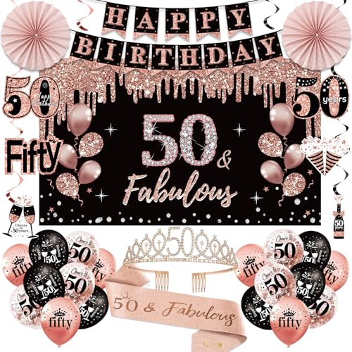 50th Birthday Decorations for Women, 33pcs 50th Birthday Crown and Sash, Black Rose Gold Happy 50th Birthday Banner Balloo...