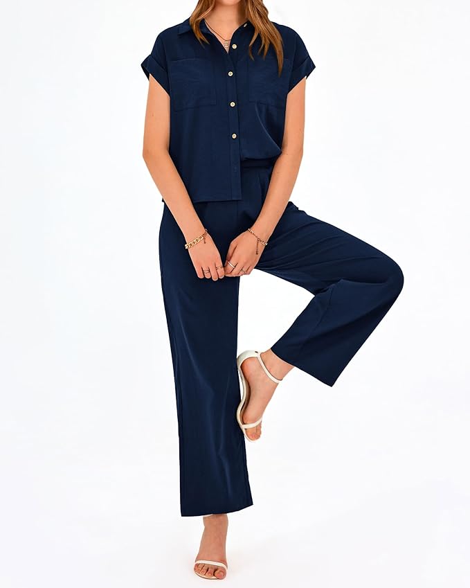 PRETTYGARDEN Womens 2 Piece sets Summer Cap Sleeve Tops Palazzo Pants Dressy Casual Vacation Travel Outfits Tracksuits