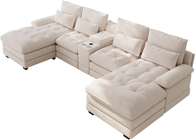 BEQAI 134"U Shaped Sectional Couch for Living Room, Modern Chenille 6 Seat Living Room Sofa Set with Storage Console, Oversized Modular Sectional Fluffy Couch with Tufted Buttons & Chaise Lounge,Beige