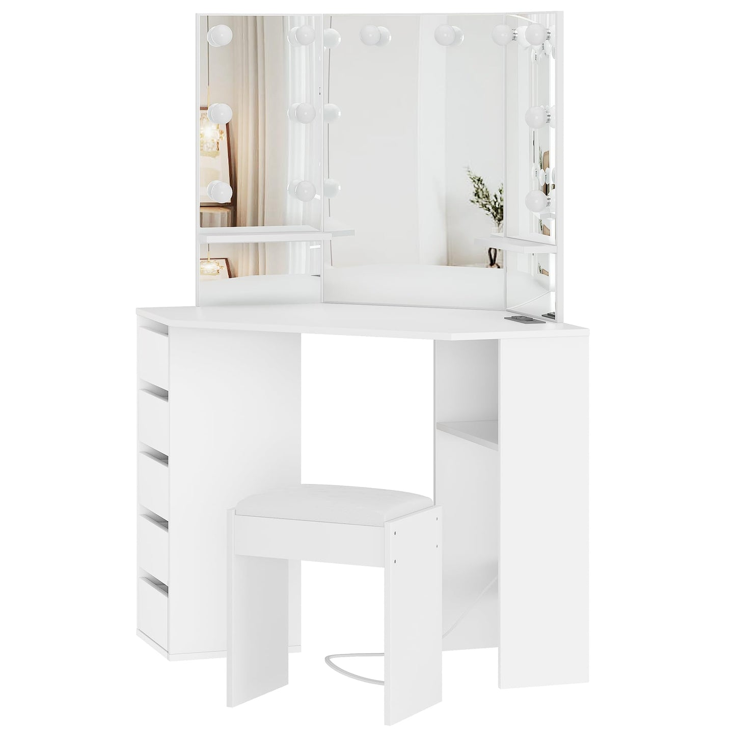 Garvee Corner Vanity Desk and Bench, Makeup Vanity Table with 3-Folding Lighted Mirrors, Charging Station, 5 Drawers for Bedroom