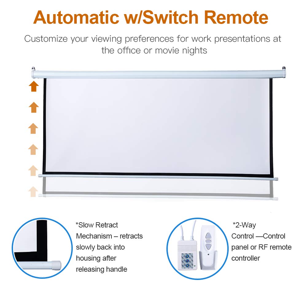 ZUEDA100 Inch Motorized Projector Screen with Remote, 16:9 HD Electric Movie Screen, Wrinkle-Free Matte White Wall/Ceiling Mounted Projection Screen for 4K Home Theater, Office & School (White)