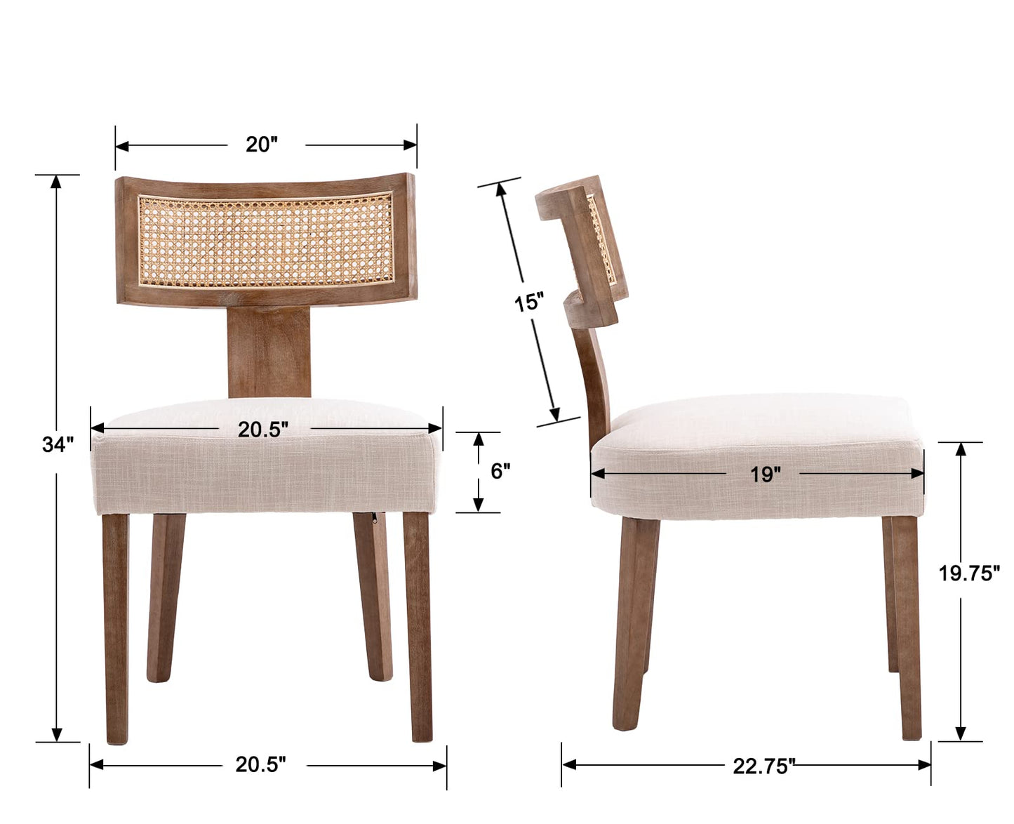 RIVOVA Rattan Dining Chairs Set of 4, Mid Century Modern Dining Chair Upholstered Linen Fabric Kitchen Side Chair, Modern Kitchen Armless Solid Wood Dining Chairs, Beige