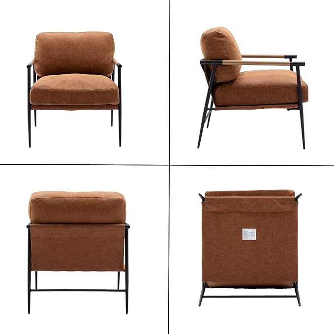 HEAH-YO Modern Accent Chair Set of 1, PU Faux Leather Living Room Chair with Backrests and Metal Legs, Comfy Reading Side Armchair for Bedroom, Brown