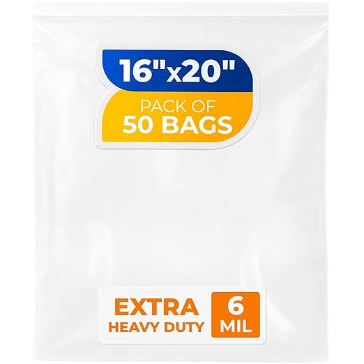 16" x 20" Extra Large Zip Seal Lock Bags, 6 Mil (Pack of 50) – Heavy-Duty Reclosable Plastic Bags – Clear, Resealable, Waterproof – For Storing Clothes, Jewelry, and Travel Items