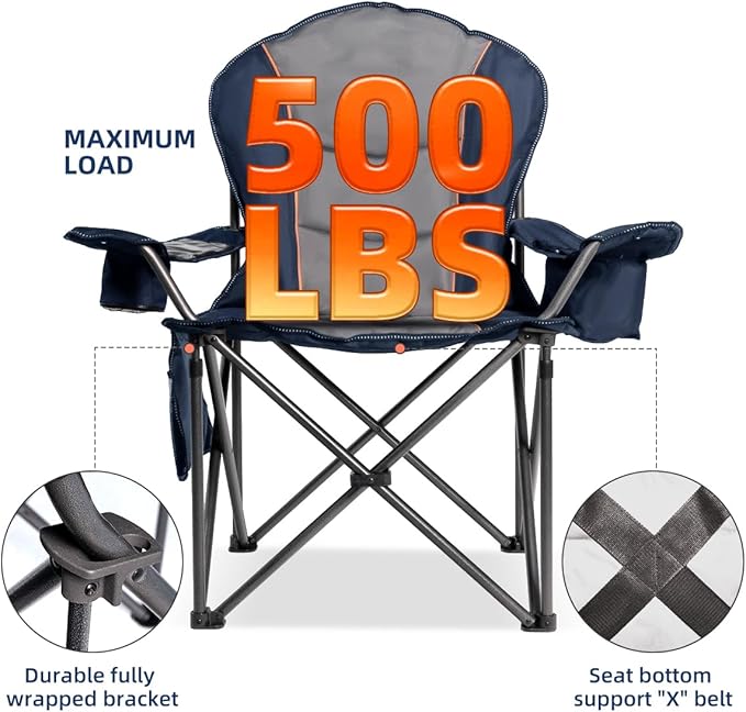 Foristrail Camping Chair Oversized Folding Outdoor Camping Chair with Cooler Bag, Cup Holder & Waterproof Phone Case, Portable for Hiking/Beach,500LB (Blue & Light Gray)