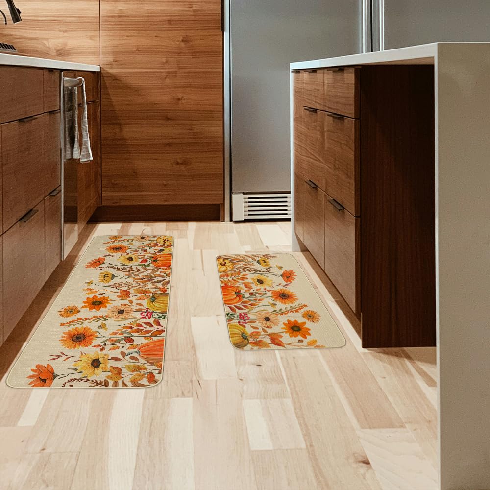 ARKENY Pumpkin Sunflower Fall Kitchen Mats Set of 2, Autumn Kitchen Mats for Floor,Thanksgiving Non Skid Washable Kitchen Rugs and Mat - 17x29 and 17x47 Inch-AKM078
