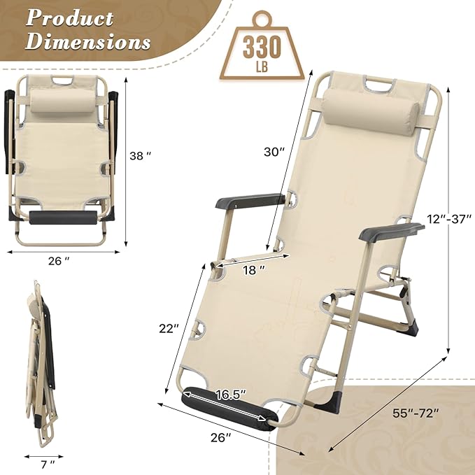 Athena Collection Zero Gravity Outdoor Lounge Chair Set of 2, 26" Width Reclining Pool Lounge Lawn Chairs Recliner with Headrest Foot Pad, Outdoor Chaise for Beach Patio Backyard Outside, Beige