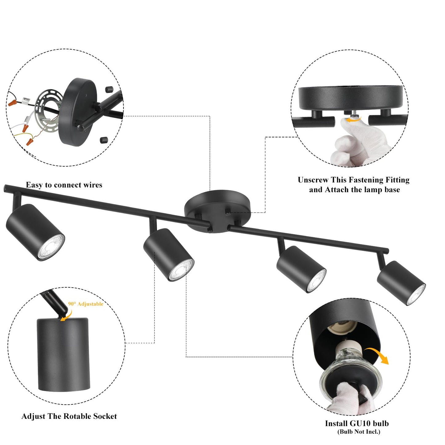 BoostArea LED 4 Light Track Lighting Kit, Black 4 Way Ceiling Spot Lighting, Flexibly Rotatable Light Head for Kitchen, Living Room, Bedroom, Bulb Not Included