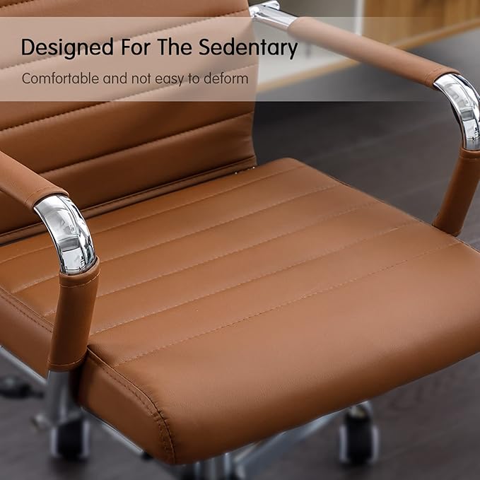 BOWTHY Home Office Chair Ribbed, Modern Leather Conference Waiting Room Chairs,Ergonomic Office Desk Chair, High Back Executive Computer Chair, Adjustable Swivel Chair with Arms (Brown)