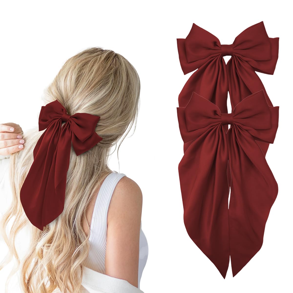 Hair Bows for Women, 2Pcs Burgundy Red Bow Hair Clips for Girls, Silky Satin Hair Bows Clips Long Tail, Large Hair Barrettes Cut