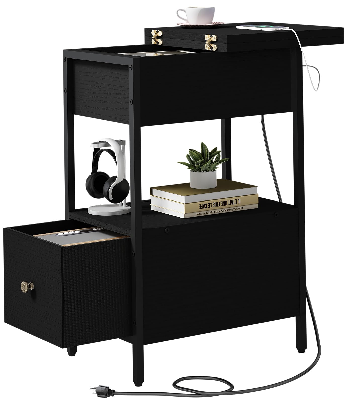 SOOWERY End Table with Charging Station, Narrow Side Table with Flip Top Cabinet and Fabric Drawer, Nightstand Bedside Tables for Small Spaces, Bedroom, Living Room, Black