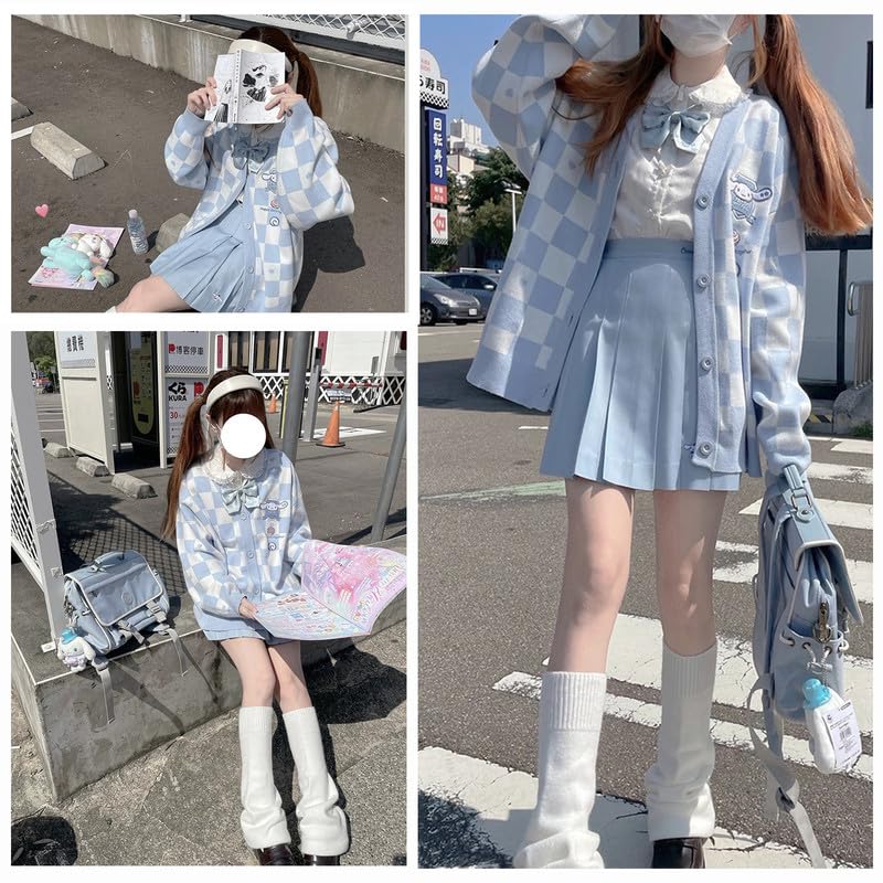 Kawaii Sweater Anime Blue Plaid Cardigan Sweaters for Women Cosplay Costume V Neck Long Sleeve Women's Button Knitted Outerwear JK Uniform S