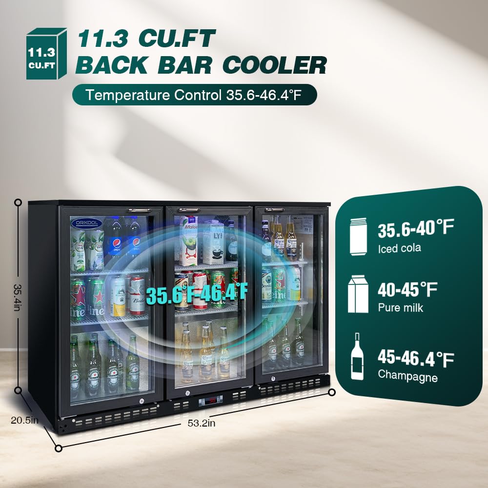 11.3 Cu.Ft Beverage Refrigerator,3 Glass Door Display Commercial Refrigerators with LED and Adjustable Shelves,Door Lock & Easy-pull Handle,480 Cans Beverage Refrigerators for Beer Wine Drink,Black