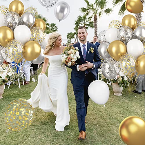 Paready Gold and Silver Latex Balloons, 60 Pcs 12 Inch Metallic Gold Silver and White Confetti Balloons for Birthday Baby ...