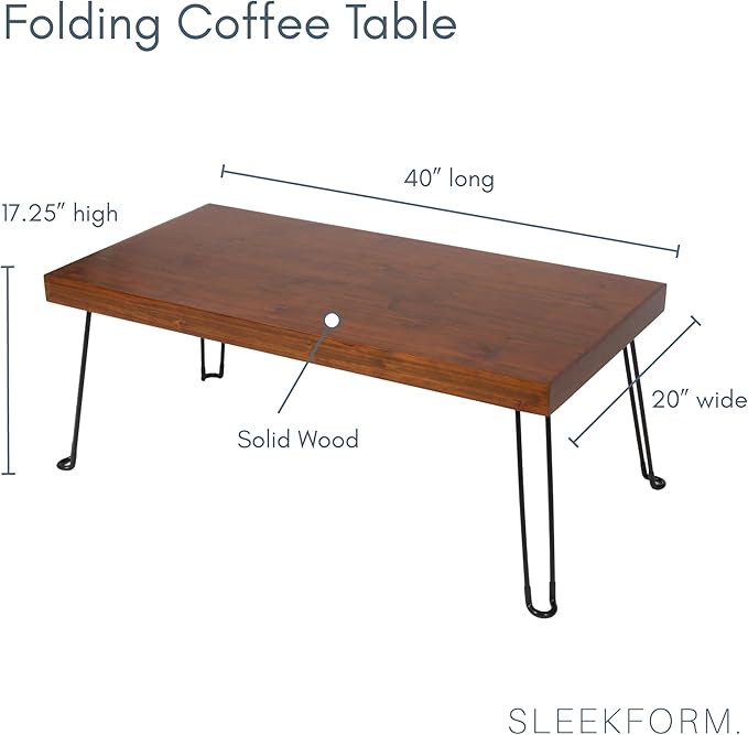 Sleekform Folding Wooden Coffee Table - Collapsible 20x40 Light Wood Mini Desk - Lightweight Foldable Coffee Table for Small Spaces - Fold Up Hairpin Legs - Walnut Wood Finish