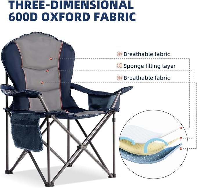 Foristrail Camping Chair Oversized Folding Outdoor Camping Chair with Cooler Bag, Cup Holder & Waterproof Phone Case, Portable for Hiking/Beach,500LB (Blue & Light Gray)