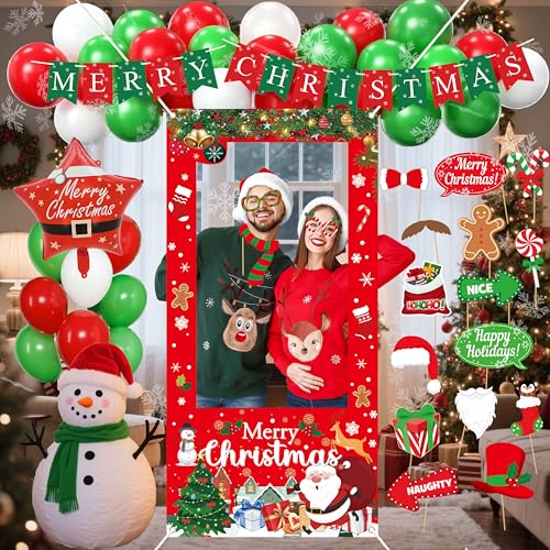 Christmas Party Decorations Set with Photo Booth Frame, Merry Christmas Banner, 35 Balloons, Photo Props