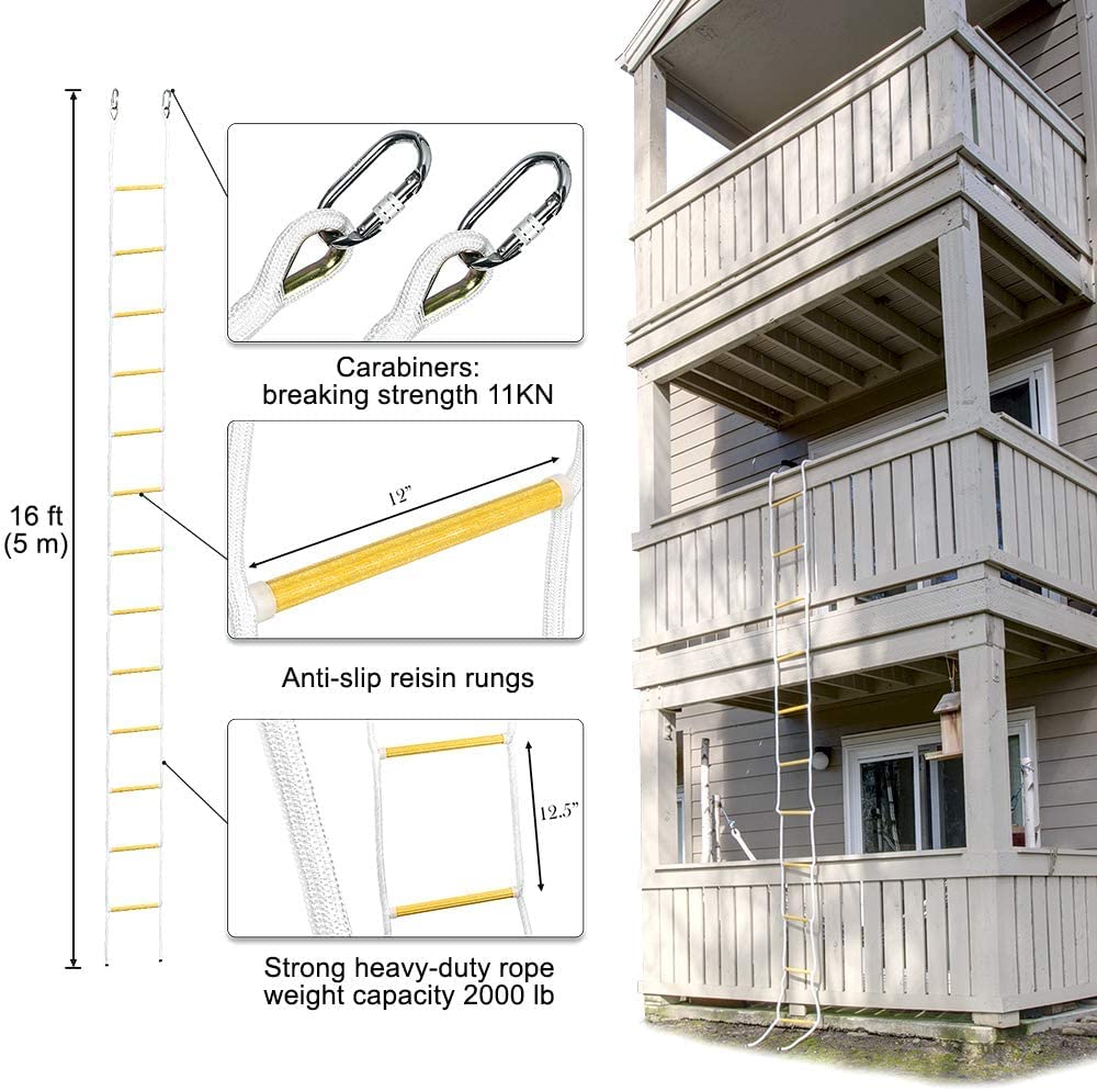 Fire Escape Rope Ladder 2 Story 16ft with Mounting Clips & Anchors - Second Story Escape Ladder Fast to Deploy & Easy to Use & Store - Compact - Weight Capacity up to 2000 lb Emergency Ladder 5m