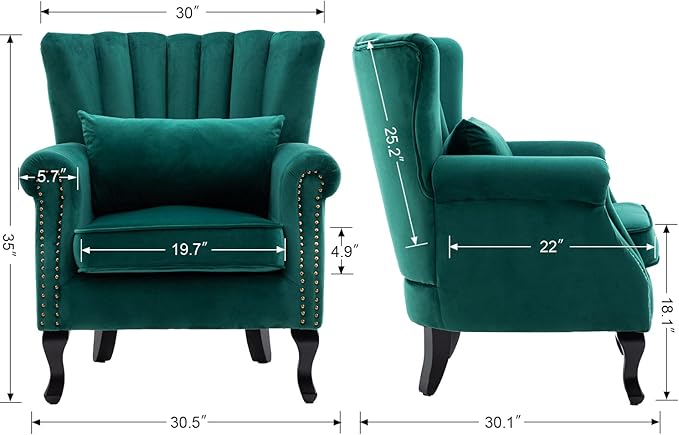 DM Furniture Mid Century Accent Chair Modern Tufted Wingback Armchairs Club Chair Velvet Fabric Single Sofa Lounge Chair with Pillow for Living Room, Green