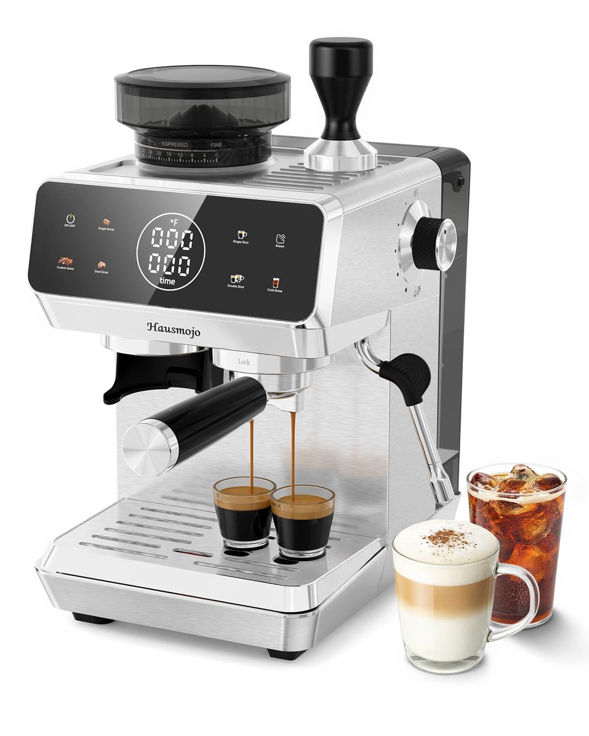 Hausmojo CM1620 Espresso Machine with Built-in Burr Grinder, 20 Bar Bean-to-Cup Espresso Maker with 44 Grind Settings & Steam Wand, Touchscreen Coffee Machine for Latte, Cappuccino & Iced Coffee