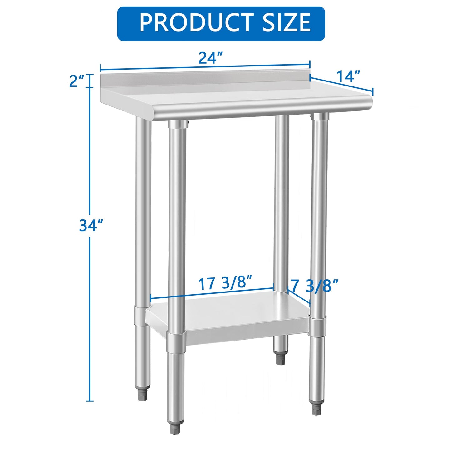 HARDURA Stainless Steel Commercial Work Table Prep Work Metal Table 14×24 Inches with Undershelf and 2" Backsplash Heavy Duty NSF 430 for Kitchen Food Prep