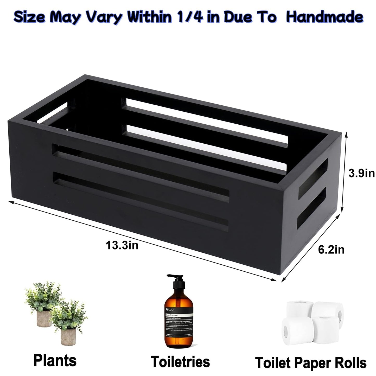 Black Decor Box Wooden Toilet Tank Paper Basket with Handles for Organizing,Bathroom Decor Box for Toilet Paper Storage