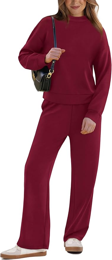 WIHOLL Two Piece Sets for Women Fall Outfits Lounge Sets Mock Neck Tops Wide Leg Pants Vacation Travel Airport Outfits