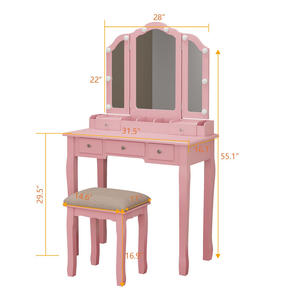 Phonrida Pink Makeup Vanity for Girls Vanity Desk with Mirror and Lights Girls Vanity Desk Vanity with Lights Make Up Vanity Set tocadores para maquillarse con Luces y cajones Vanity Table Set