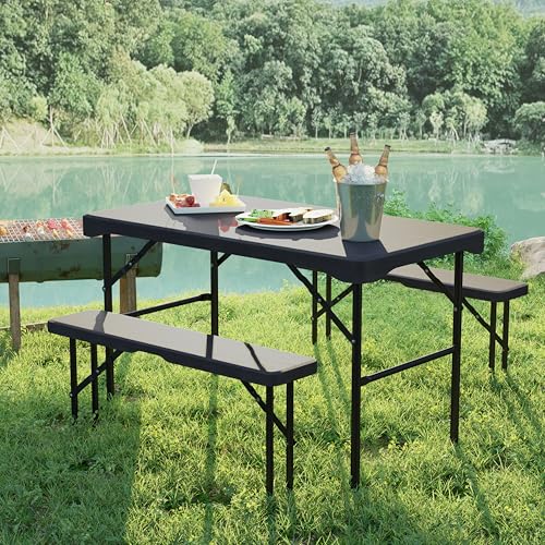 Giantex Folding Picnic Table Bench Set, Rectangular Patio Dining Table Set for 4, with HDPE Tabletop, Metal Frame, Space-S...