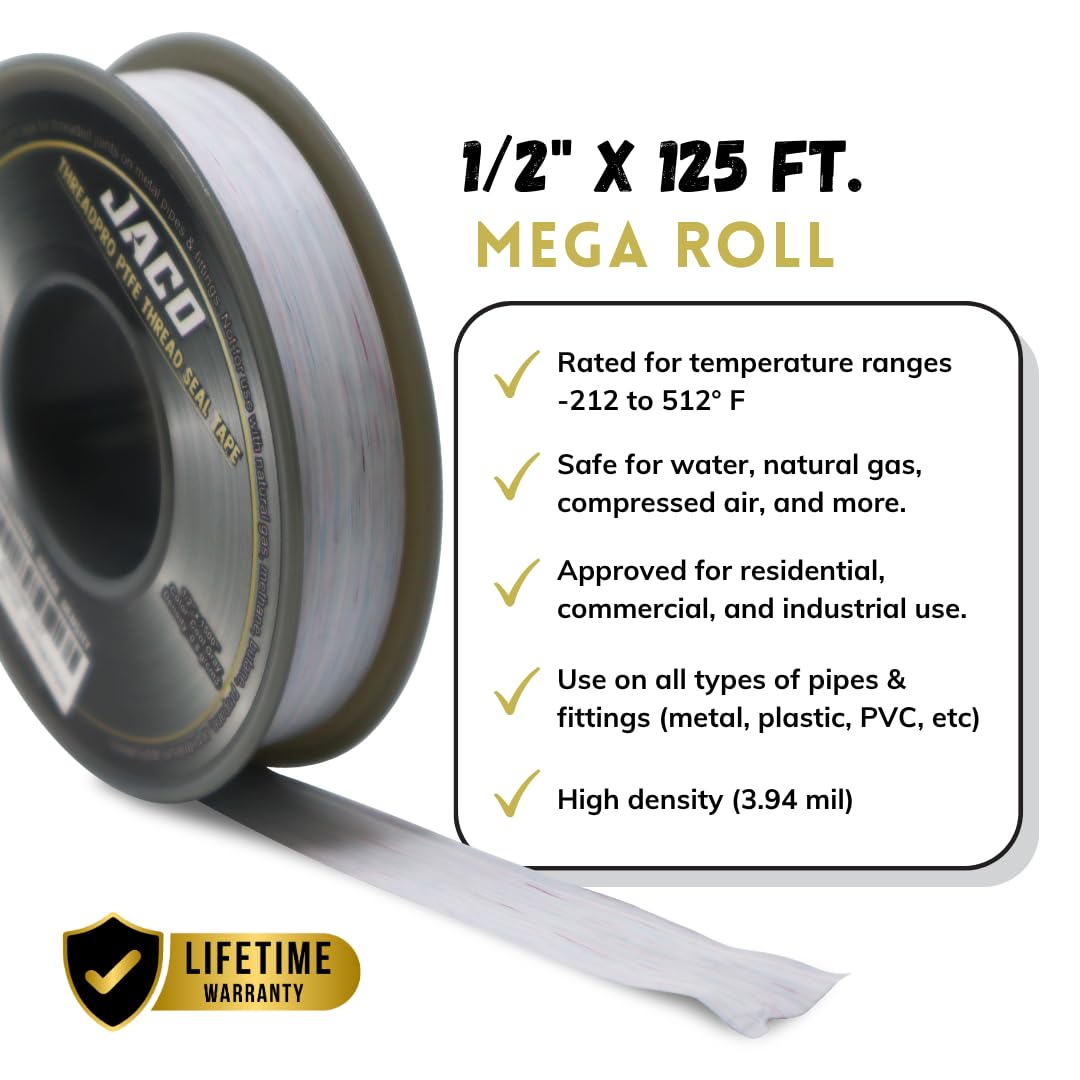 JACO ThreadPro High-Density Thread Seal Tape - 1/2" x 125 ft. (Mega Roll) | Professional PTFE Pipe Sealant | Plumbers Tape