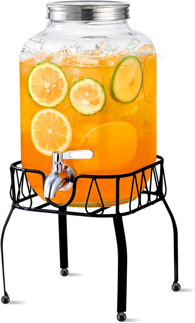 2 Gallon Glass Beverage Dispenser with Stand, Stainless Steel Spigot and Lid, Glass Drink Dispensers for Parties, Drink Di...