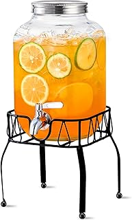 1 Gallon Glass Beverage Dispenser with Stand, Stainless Steel Spigot and Lid, Glass Drink Dispensers for Parties, Drink Di...