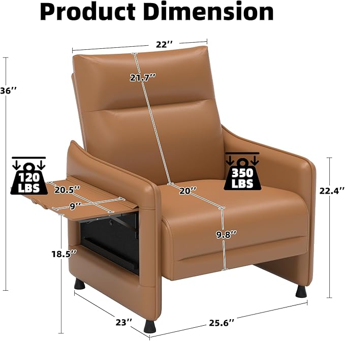 Tbillionnext Upholstered Accent Sofa, Modern Faux Leather Sofa Chair with Hidden Foldable Tray & Side Pocket, Rear Contour Arm Design, Small Accent Sofa for Bedroom, Brown