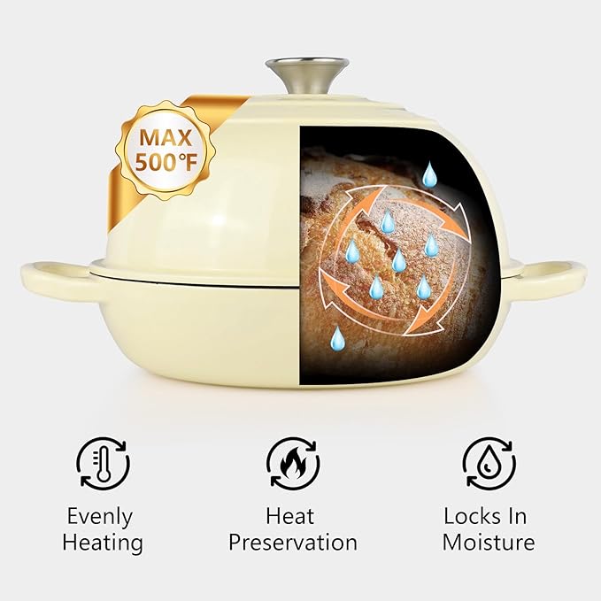 6QT Bread Dutch Oven Pot with Lid, Enameled Cast Iron Dutch Oven for Sourdough Bread Baking, Roasting, Stewing and Soup, Non-Stick Enamel Cookware for Oven/Stovetop, Perfect for Homemade Bread, Beige