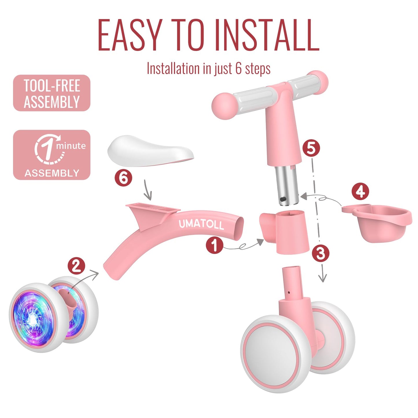 Umatoll Colorful Lighting Baby Balance Bike Toys for 1 Year Old Girls Gifts, Adjustable Seat, 1st Birthday Gifts, 12-24 Months Toddler Bike, Pink