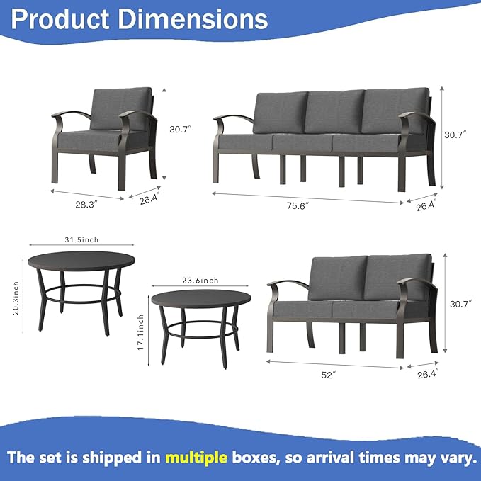 RTDTD Aluminum Outdoor Patio Furniture Set,7 Seats Patio Conversation Sets with 2 Round Coffee Tables,Metal Patio Sectional Furniture Set with 5.1" Thickened Cushions,Grey