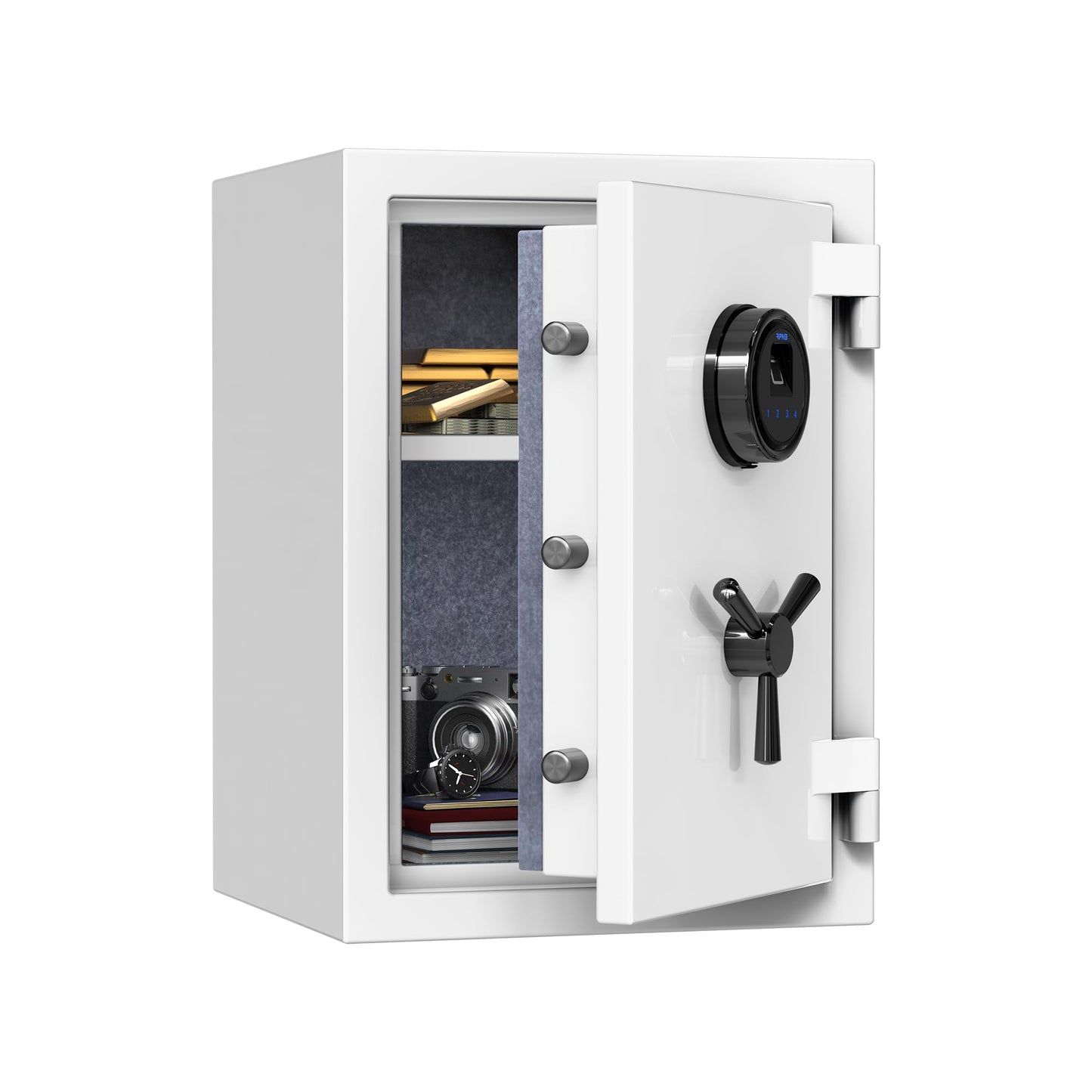 RPNB Deluxe Biometric Safe Box,Digital Fingerprint Fireproof Waterproof Safe with Touch Screen,Removable Shelf and 3 Spoke Handle,Home Safes for Cash Documents Jewelry,1.29 Cubic Feet,White