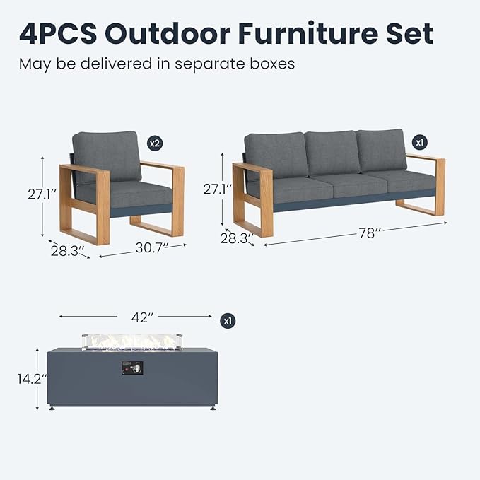 4 Pieces Aluminum Patio Furniture Set, Outdoor Conversation Sets with High Backrest Sofa and Fire Pit Table for Garden and Backyard