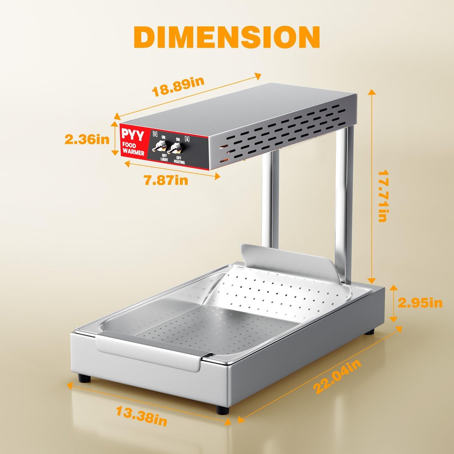 PYY Commercial French Fry Warmer - Food-Grade 304 Stainless Steel Countertop Free-Standing Heat Lamp, 450W with Removable Drip Pan, One-Button Operation for Chips Churros Fried Foods, Silver