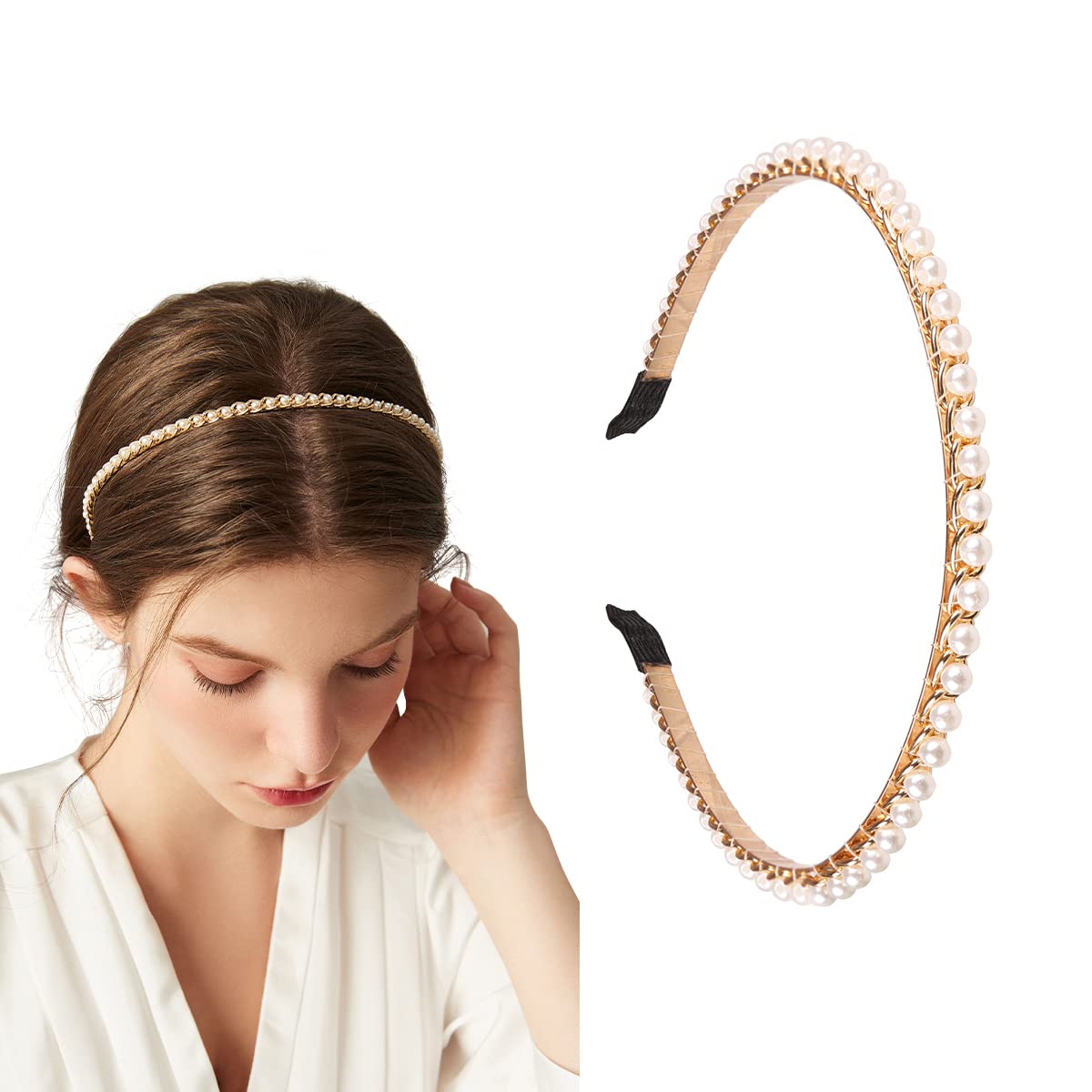 YARN & INK Women's Thin Crystal Diamond Headbands Non Slip, Light Blue Fashion Headband Cute Beaded Bling HairBand Hair Accessor