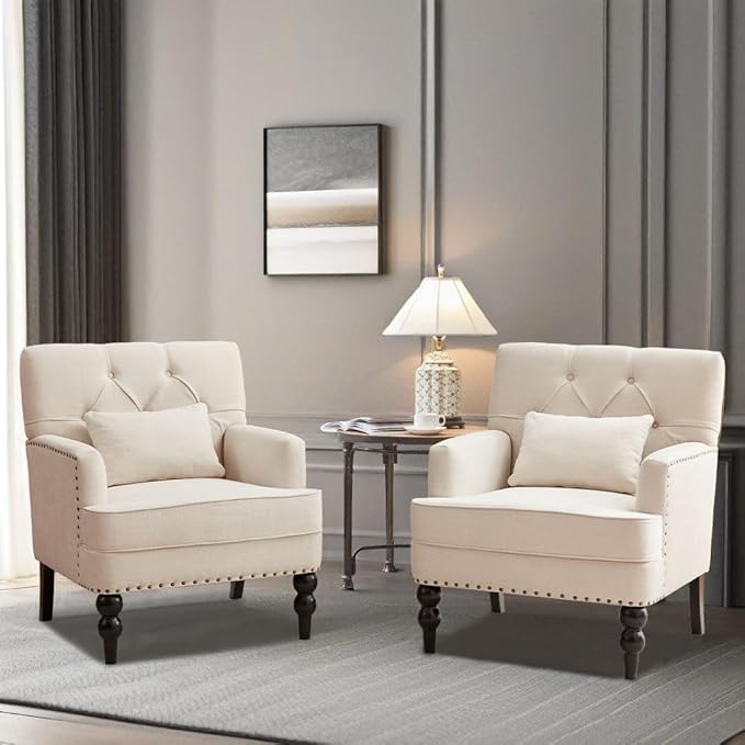 HUIMO Tufted Club Chair Set of 2 with Lumbar Pillow,Accent Chair Upholstered Button Armchair, Linen Fabric Sofa Chairs for Bedroom, Living Room, Mid Century Modern Reading Chair,Beige