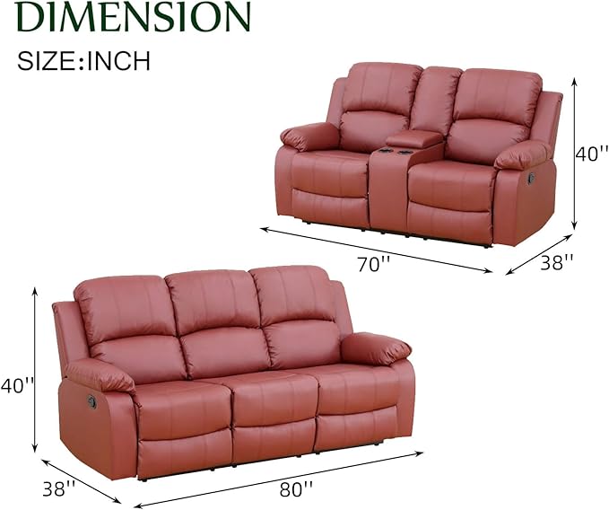 Caberryne 2 Pieces Leather Recliner Sofa Set，Recliner Sofa and Loveseat Sets for Living Room Furniture，Red Reclining Couch with 4 Recliners for Living Room/Office/Theater Seating(Sofa Set 2 Pieces)